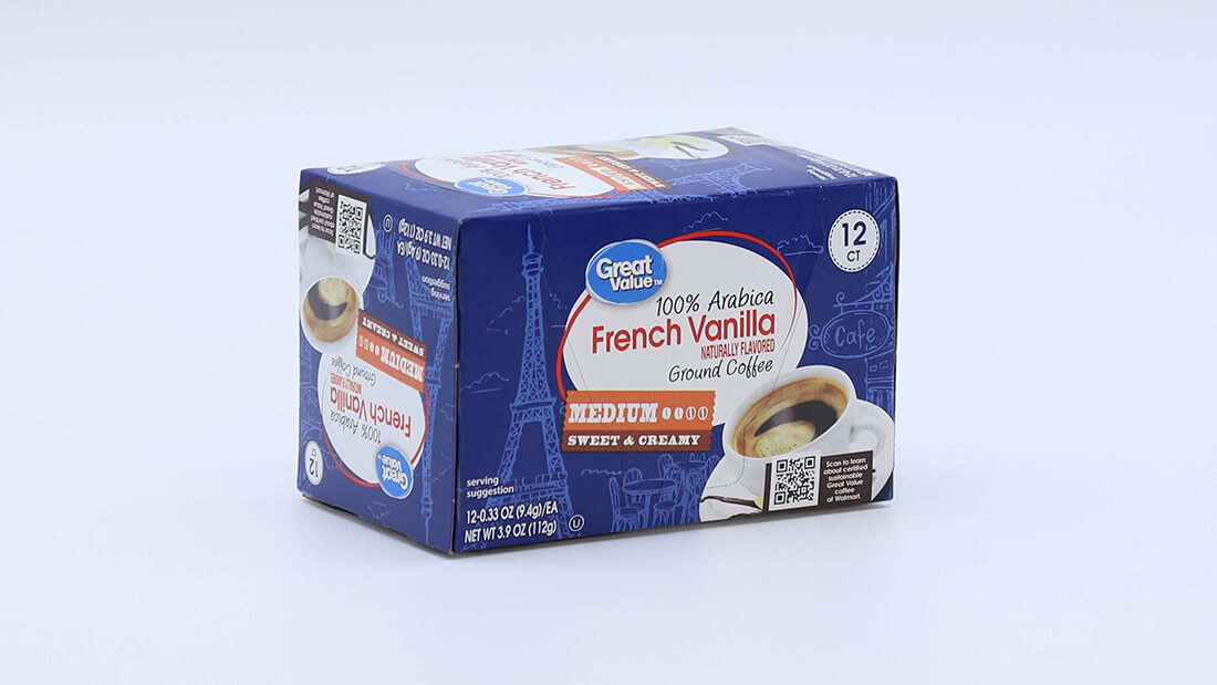 A product shot of coffee pods in a carton formed by a Delkor machine