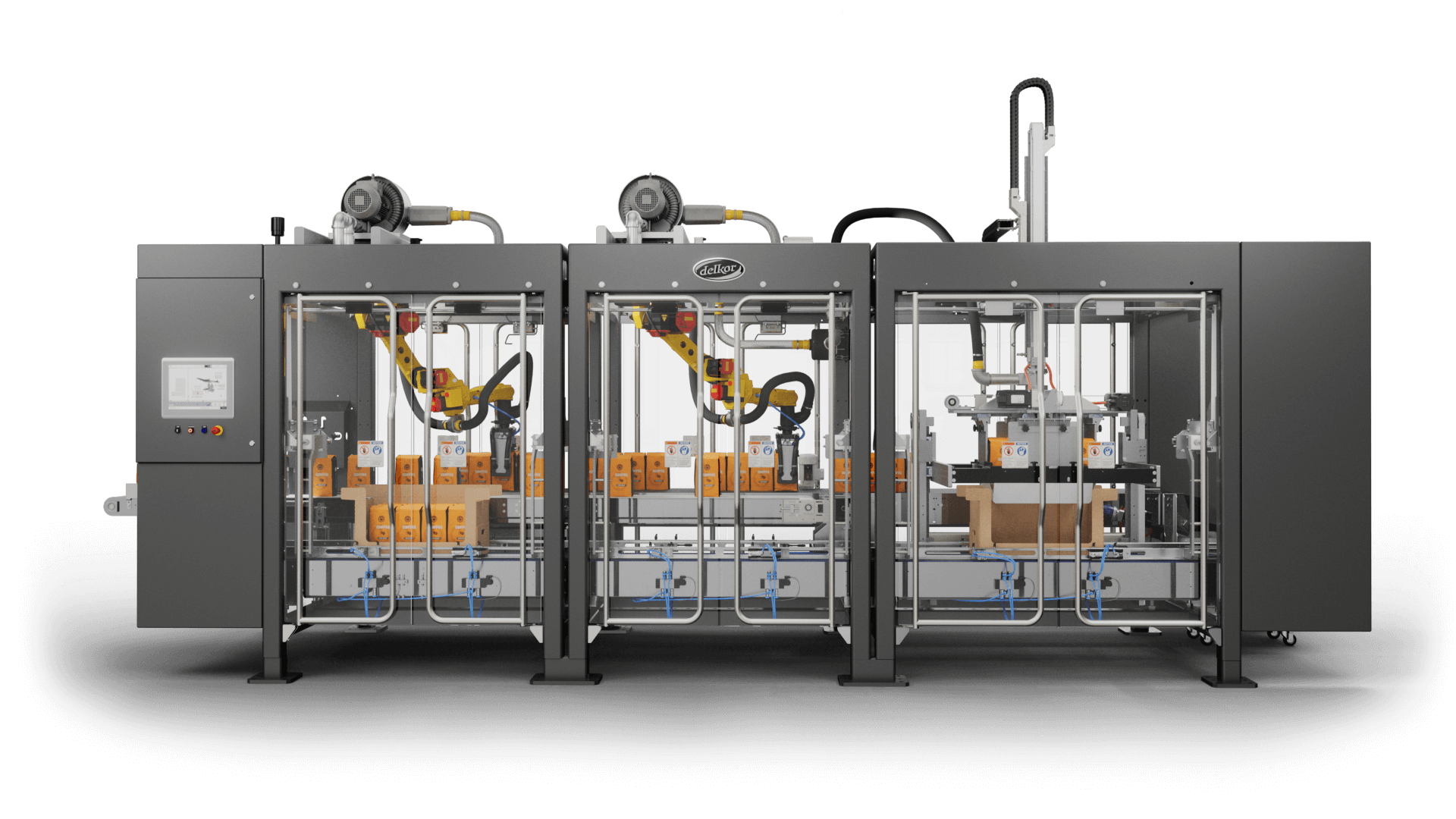 A profile shot of Delkor's LSP Series Case Packer for Coffee Packaging