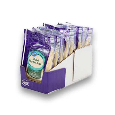 A side profile view of sliced pepperjack cheese in a Delkor Cabrio Case