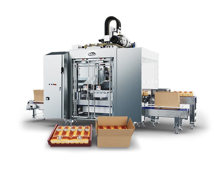 A side profile view of Delkor's ComboPro Case Packer with a reusable bread tray and single use bread tray in front