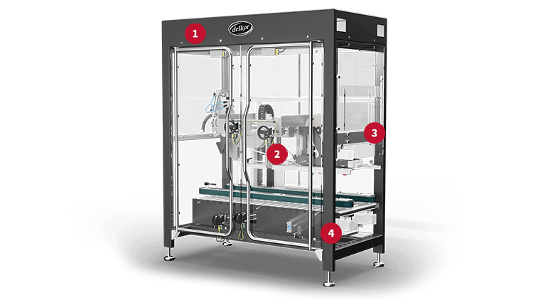 A side profile view of Delkor's CS Series Sealer with numbered red circles indicating key features A side profile view of Delkor's CS Series Sealer with numbered red circles indicating key features