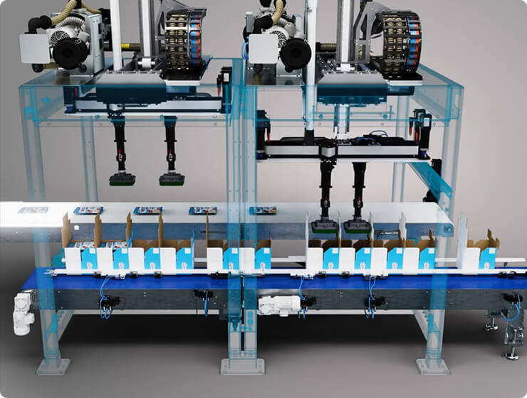 A close-up render of a stripped down version of Delkor's EVO Series Case Packer highlighting the robots