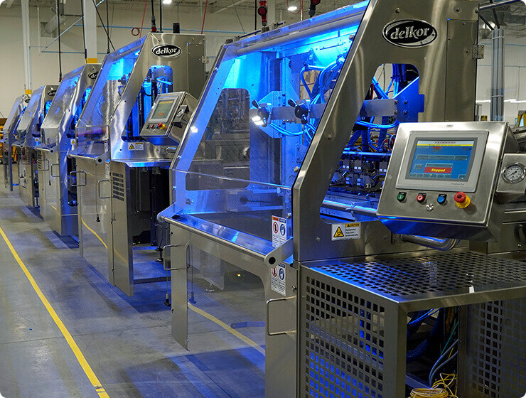 A photograph of a line of Delkor S Series Formers on a production floor. Machines are stainless steel with a blue light on.
