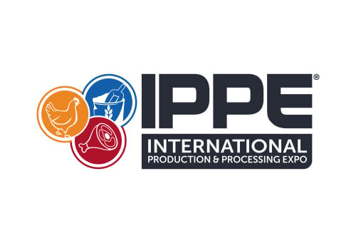 The International Production and Processing Expo IPPE logo includes a yellow circle with a chicken, red circle with a cut of meat and a blue circle with a scoop in a grain bag