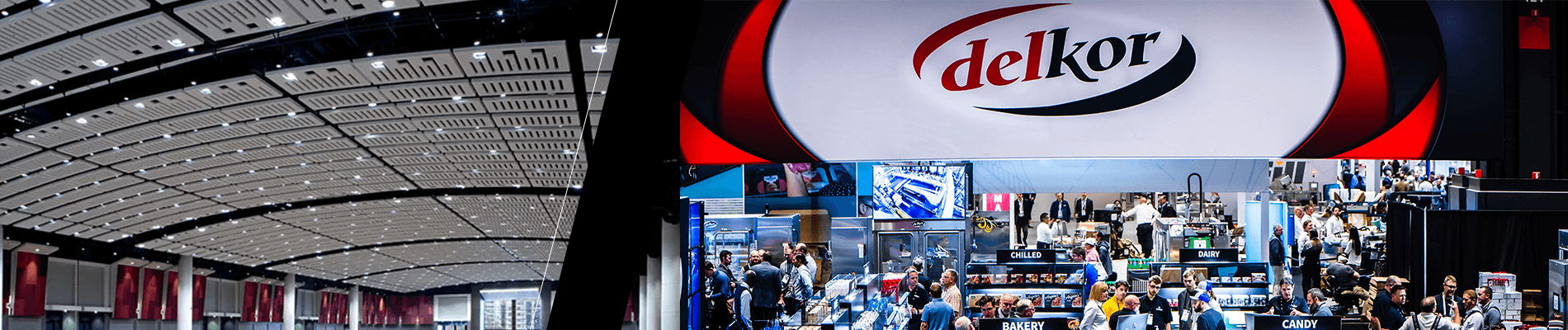 A decorative image of McCormick Place and Delkor Systems Booth at Pack Expo International