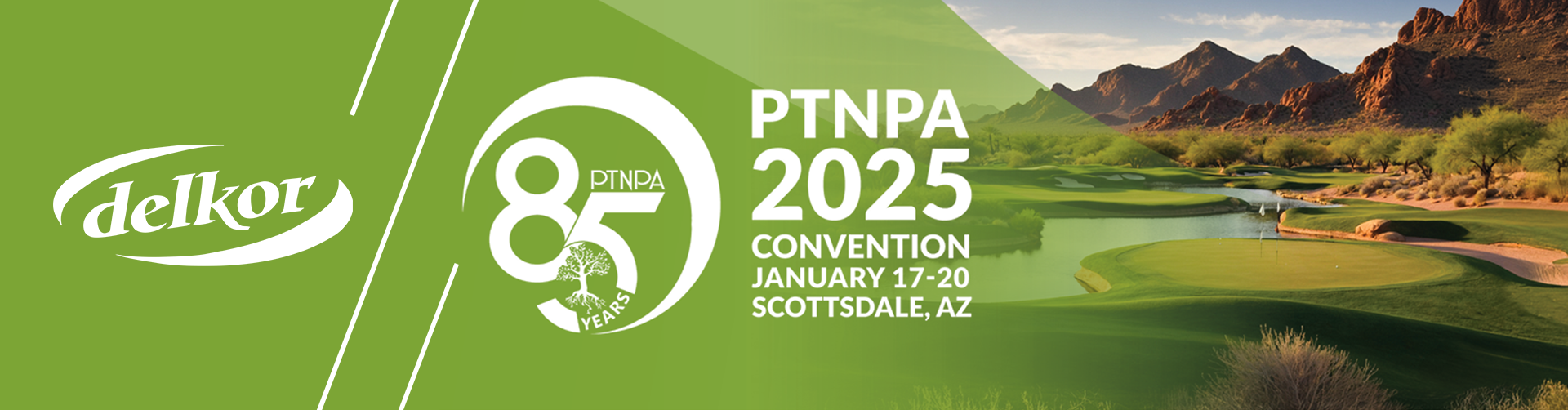 The Delkor and PTNPA 2025 Convention logos sit on a green background that blends into an image of the Westin Kierland golf course