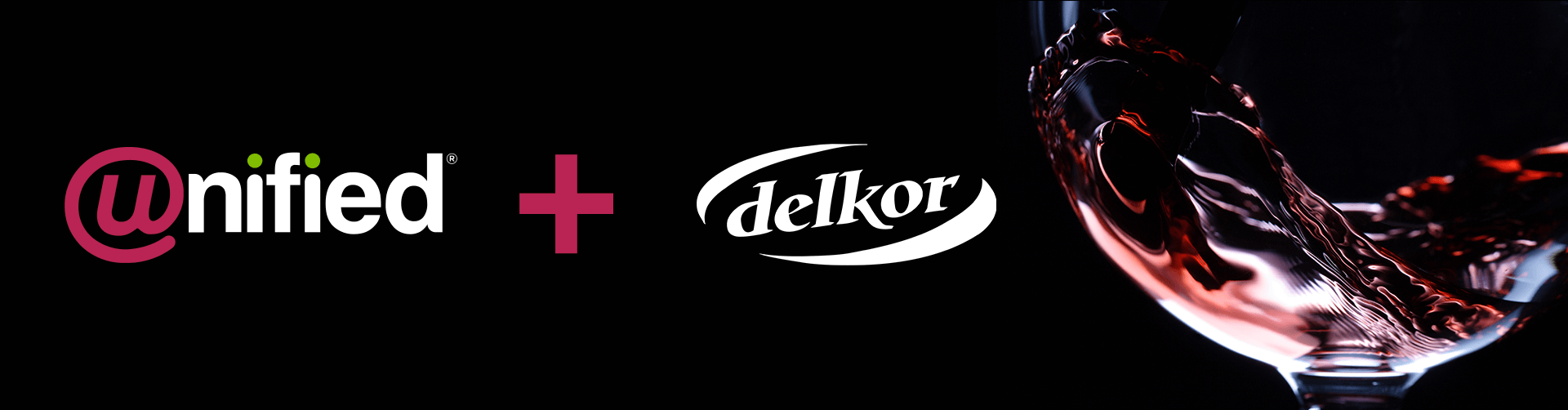 The Unified and Delkor logos are joined by a plus sign on a black background with a glass of red wine in the right hand corner