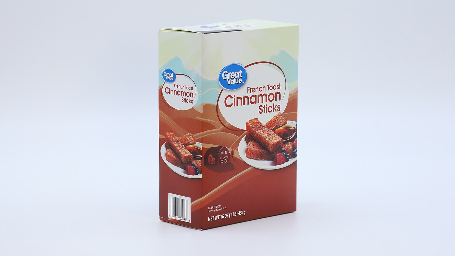 A side profile view of a carton of french toast sticks