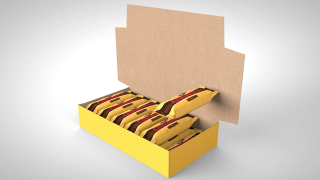 A side profile view of a carton of granola bars