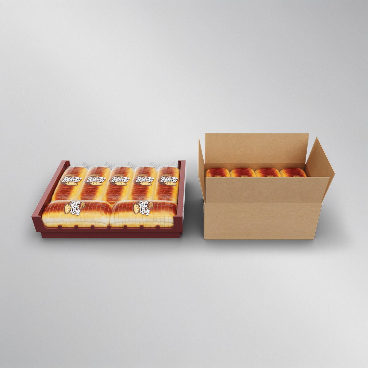 A front profile view of a reusable bread tray and a corrugated bread tray