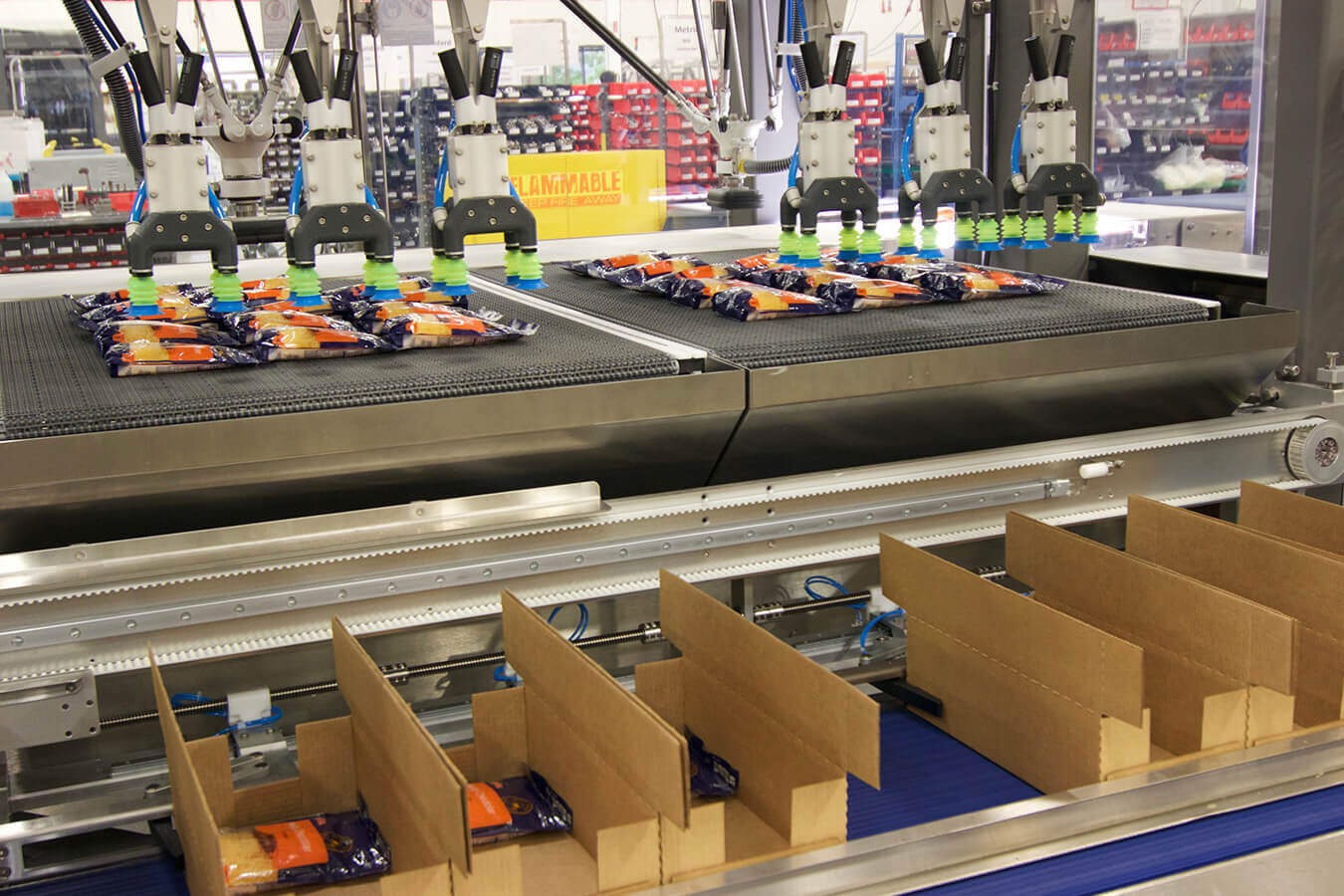 A close up photo of a Delkor case packer loading bags of cheese into brown cases