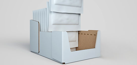 Delkor dots rendering with pouches going into a display tray Delkor dots rendering with pouches going into a display tray