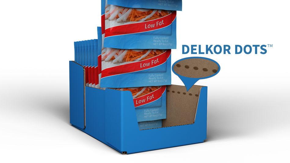 Delkor dots packaging keeps products upright when shopped.