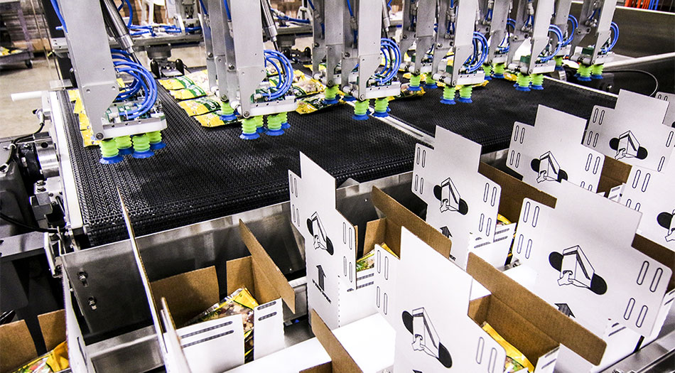 High speed case packer with gantry robots to pack as many as 12 cases at a time. High speed case packer with gantry robots to pack as many as 12 cases at a time.