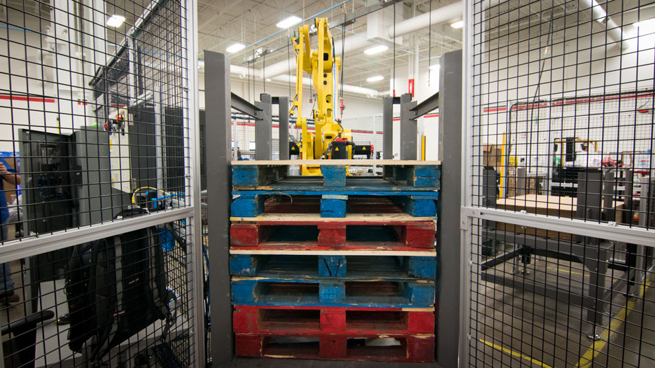 Palletizer pallet dispenser close up Palletizer pallet dispenser close up