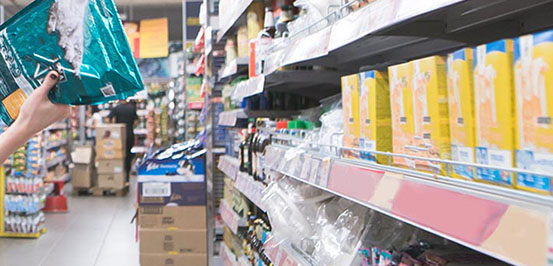 Pet products packaging shelf view Pet products packaging shelf view