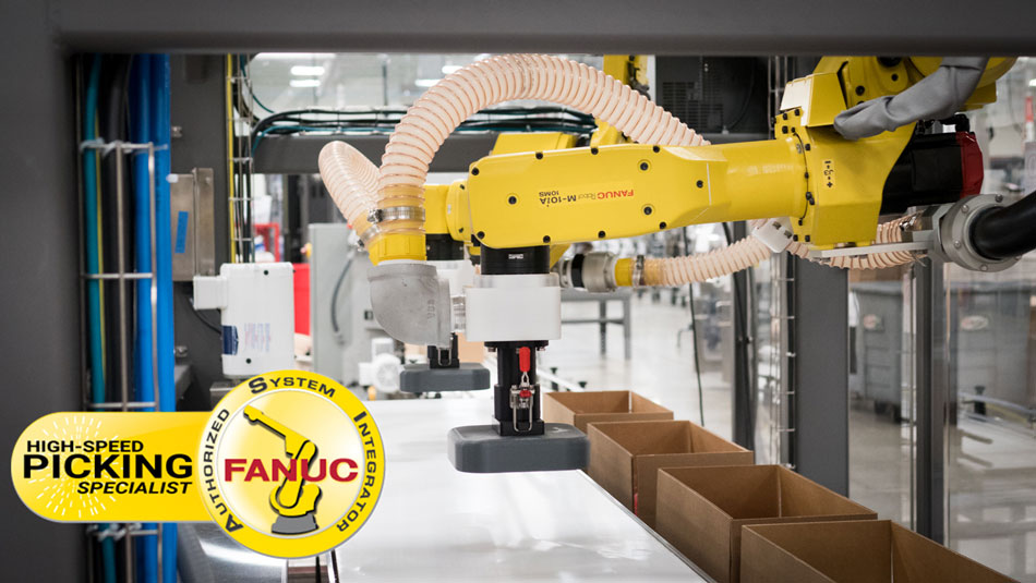 Pick and place robot that uses Fanuc robotics for reliable and high speed carton packing Pick and place robot that uses Fanuc robotics for reliable and high speed carton packing