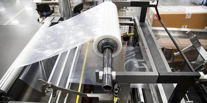 Shrink wrap machine close up of shrink film roll