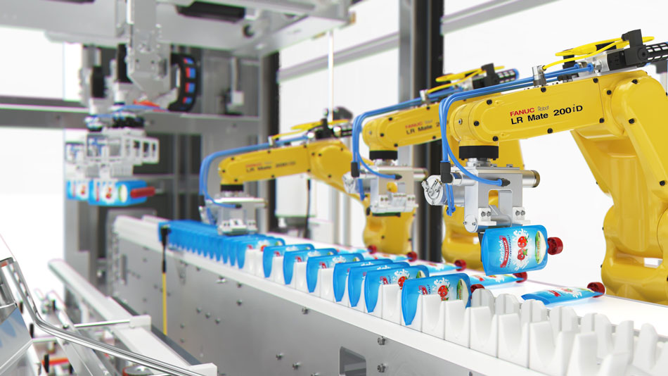 Spouted pouch cartoner infeed robot rendering