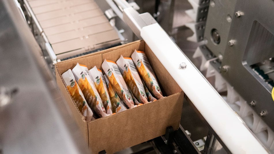 Spouted pouch cartoner can pack pouches into different orientations Spouted pouch cartoner can pack pouches into different orientations