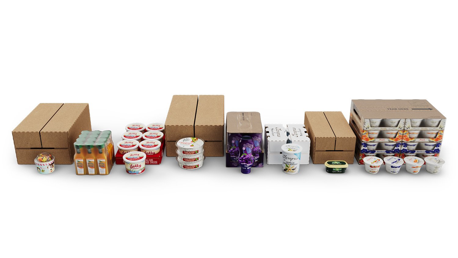 An image on white background showing the different package types that can be run on Delkor's High Performance Case Packer