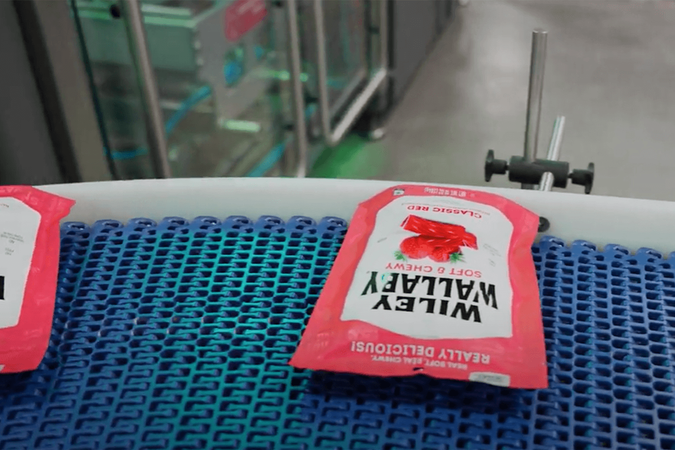 A close up photograph of Wiley Wallaby candy on a Delkor packaging line