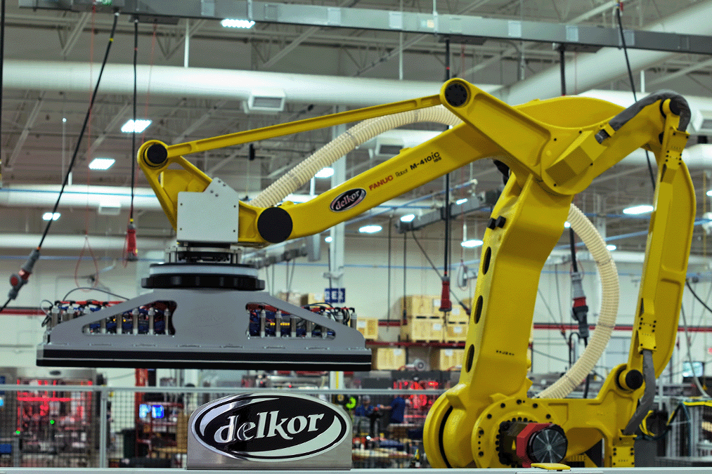 A close-up photo of Delkor's robotic palletizing system